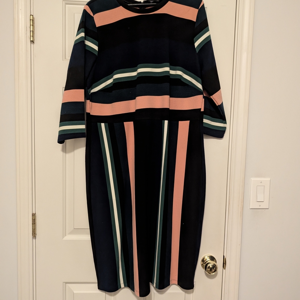 Eloquii Navy and Pink Striped Long Sleeve Dress